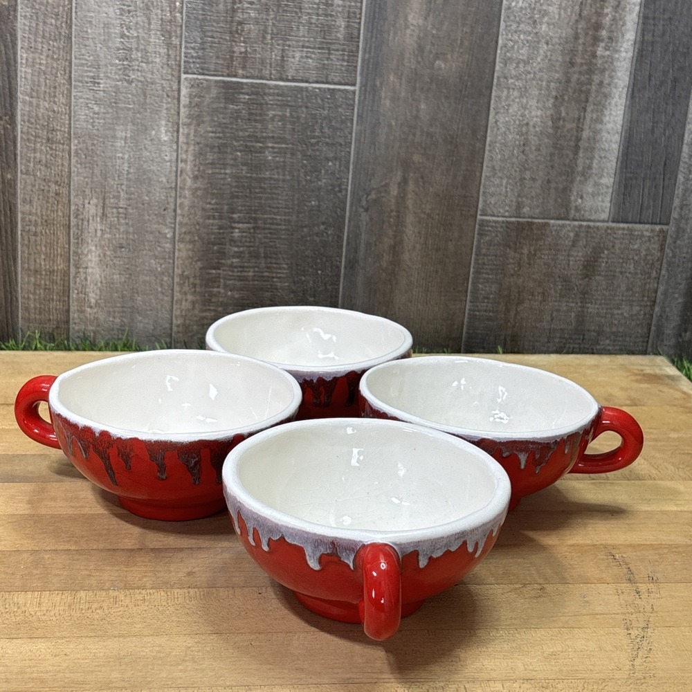 Vintage Ceramic Soup Mug Bowl Set Red White Gray Drip Glaze